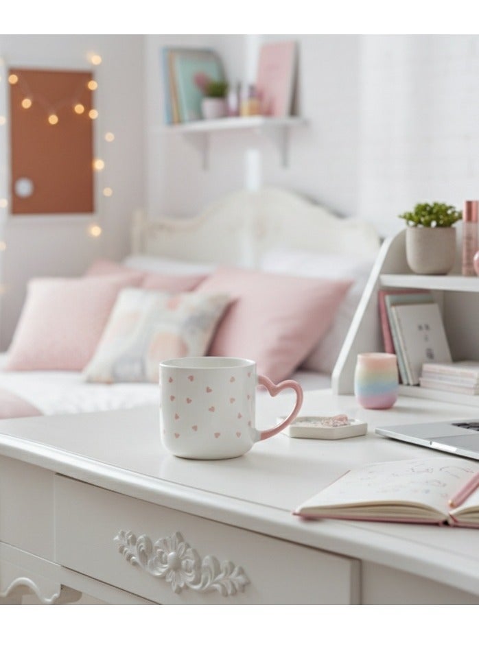 مج بورسلين أنيق باللون الأبيض مزين بنقوش قلوب وردية سعة 400 مل مع مقبض مريح وتصميم عملي للاستخدام اليومي - Image 2